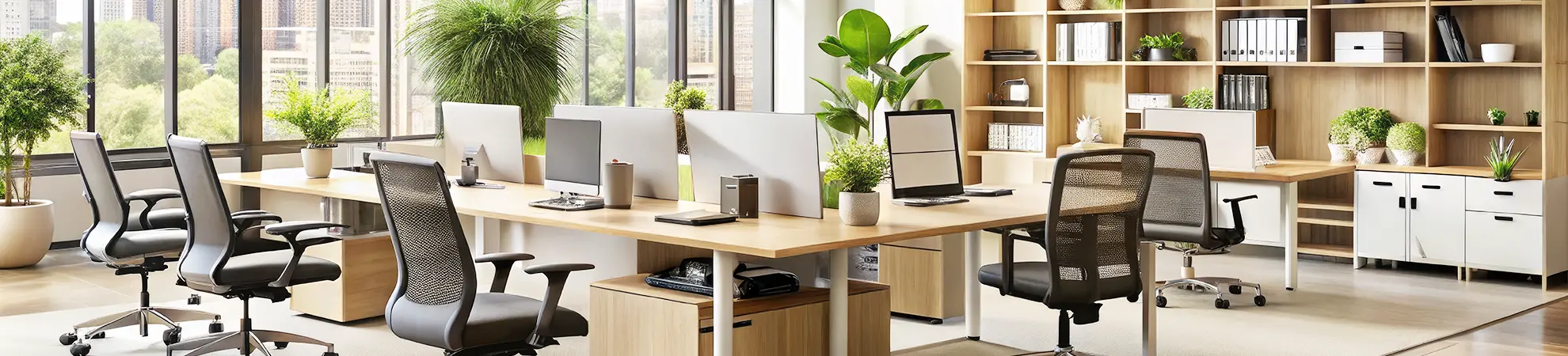 Office furniture setup with desks, chairs, and workstations