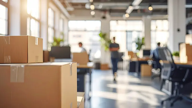 Office setup with moving boxes and furniture delivery