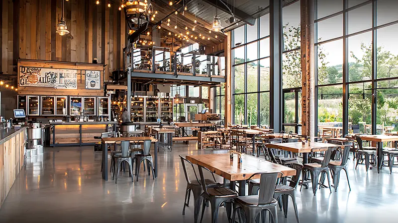 Restaurant interior with hospitality furniture setup