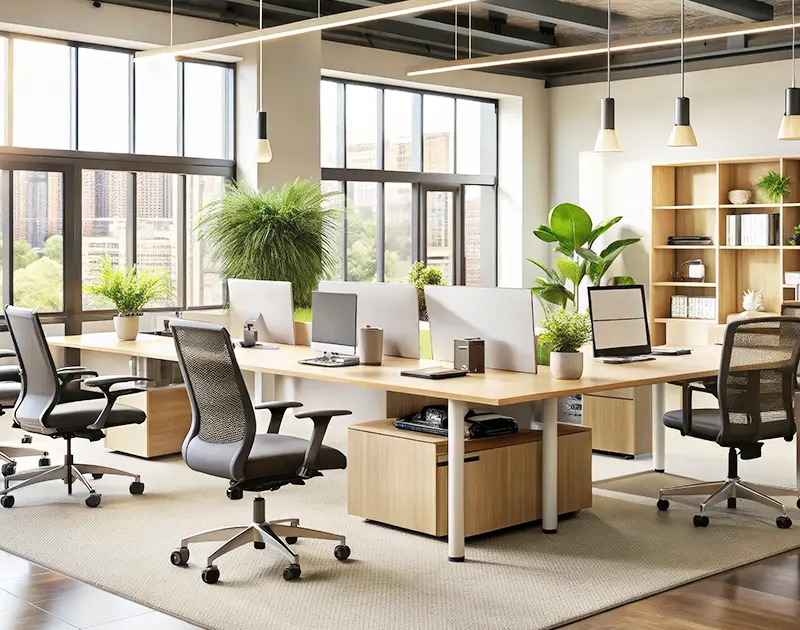 Office furniture setup with desks, chairs, and workstations